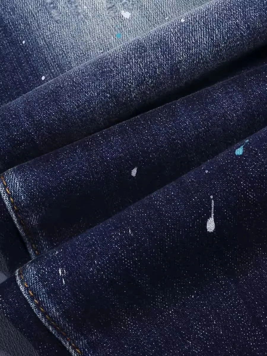 Men Dark‑Blue Horizontal Whisker Wash Dual‑Side Irregular Frayed Ripped White Paint‑Dot Distressed Stretch Skinny Denim Jeans Hi