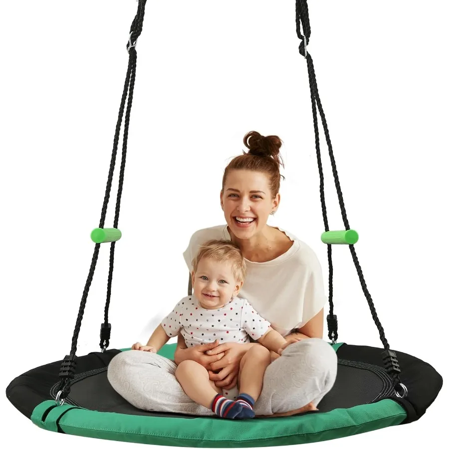 Round Saucer Swing with Handles - Made of Sturdy Frame PP Mat Adjustable Multi-Strand Ropes Safe and Durable for Yard Garden Pl