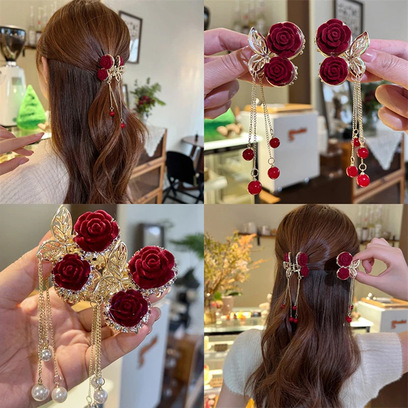 1PC Fashion Metal Rose Rhinestone Hair Clips For Women Barrettes Ponytail Clip Women'S Hair Accessories for Daily Wearing Party