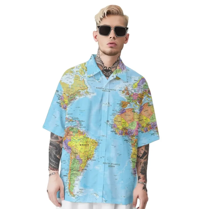 World Map Print Hawaiian Style Sky-blue Shirt Men's Chest Pocket Shirt Casual Short Sleeve Daily Smart Business Shirt For Men