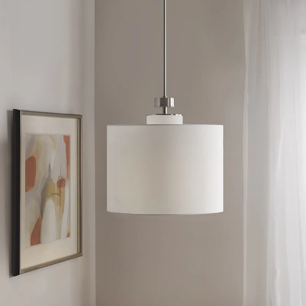 Pacific Metal Pendant with Drum Shade,The metal and glass light diffusers feature silver finishes