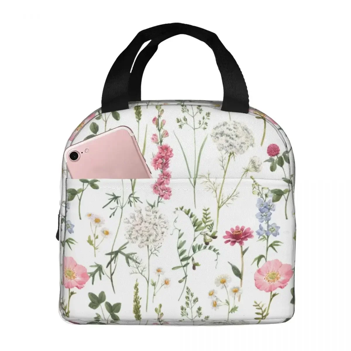 Watercolor Floral Delphinium Chamomile Poppy Lunch Bag Portable Insulated Cooler Bags Thermal School Lunch Box For Women