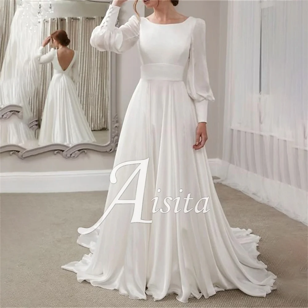 customized A-Line Wedding Dress Scoop Neck Long Sleeve Chiffon Vintage Open Back Bride Dresses Wedding Dresses Vestidos Dresses