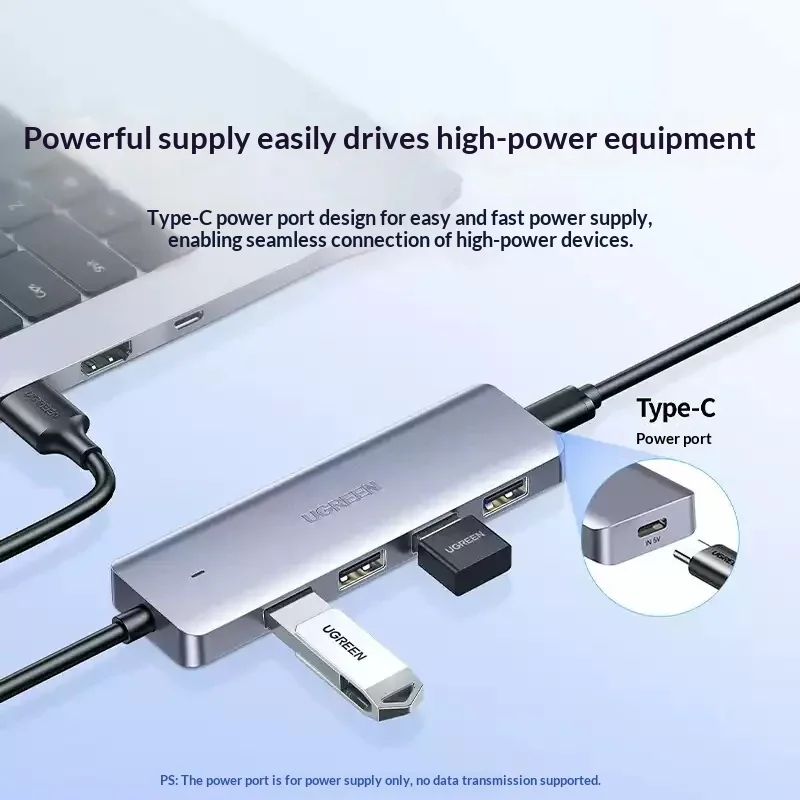 UGREEN 50985 4 Port USB 3.0 Hub Ultra Slim USB A Splitter with Auxiliary Power Port for Laptop PC MacBook Flash Drive HDD