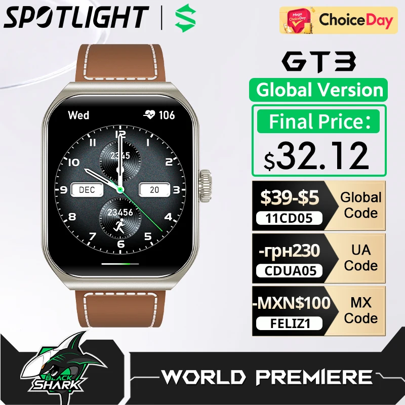 

Global Version Blackshark GT3 Smartwatch 1.96'' Amoled Curved Screen Support Bluetooth Voice Call Shark GPT 100+ Sport Modes