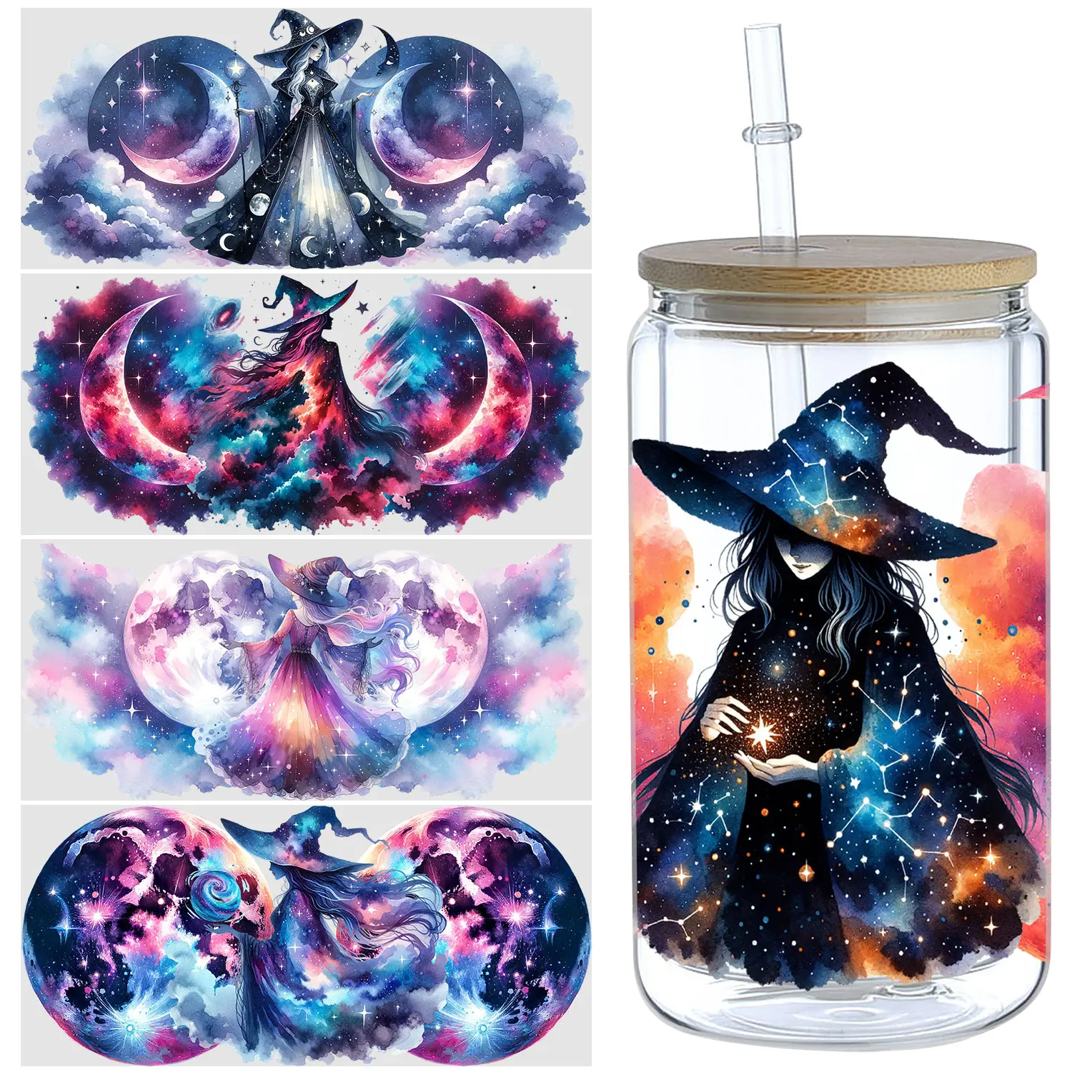 5 Sheets Moon Goddess UV DTF Cup Stickers, DTF Friction Transfer Stickers, Waterproof Transfer Stickers for 16oz Glass Cups