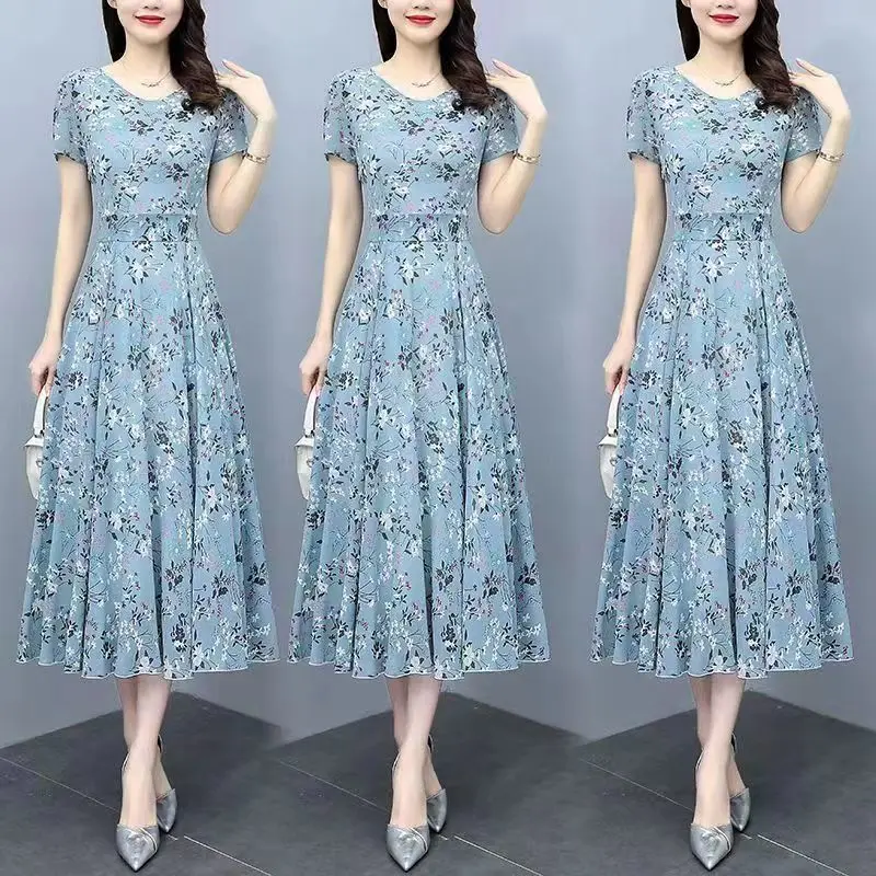 Fashion V-Neck Short Sleeve Spliced Printed Elegant Party Dress Women's Clothing 2024 Summer New Loose Office Lady Floral Dress