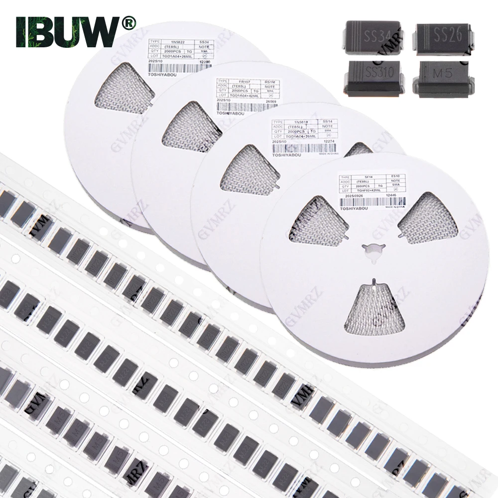 100pcs/2000pcs SF18 SS110 SS12 Schottky Diodes SS34 SS26 SS310 M5 M7 M1 Rectifier Diodes Assortment Kit M4 RS1M RS2M US1M SF14