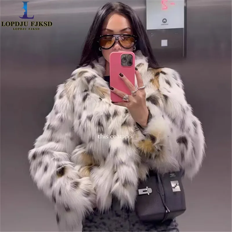Faux Fox Fur Coats for Women,Europe and America Jackets,Leopard Print Overcoat,Female Clothes,New,Autumn and Winter