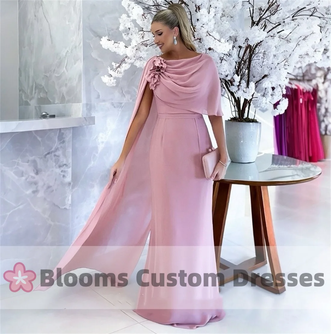 Blooms Chiffon Flowers Customized Evening Dresses For Prom Cape Sleeve Elegant Party Gown robes invitée mariage