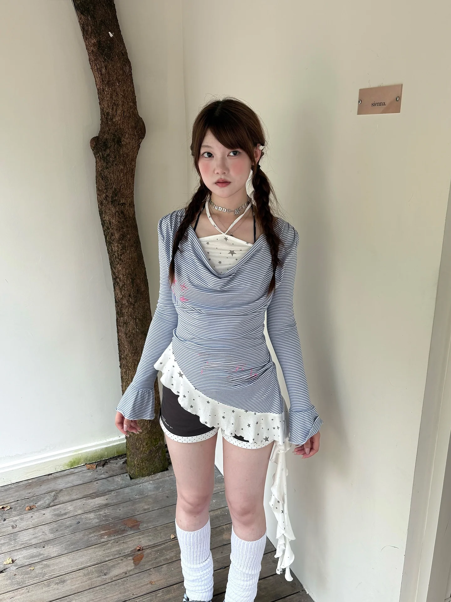 

Футболка Spring Field Too Girl's Heart, синяя, приталенная, с длинными рукавами, с кружевной отделкой, топ с вырезом, милый дизайн, для повседневной носки