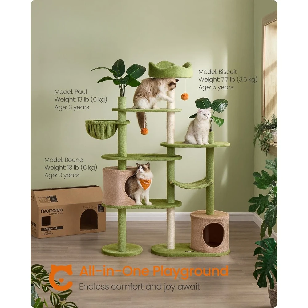 68.1-inch tall cat tower, multi-layered plush cat apartment with artificial leaves, 3 grab poles, 2 awnings with bells