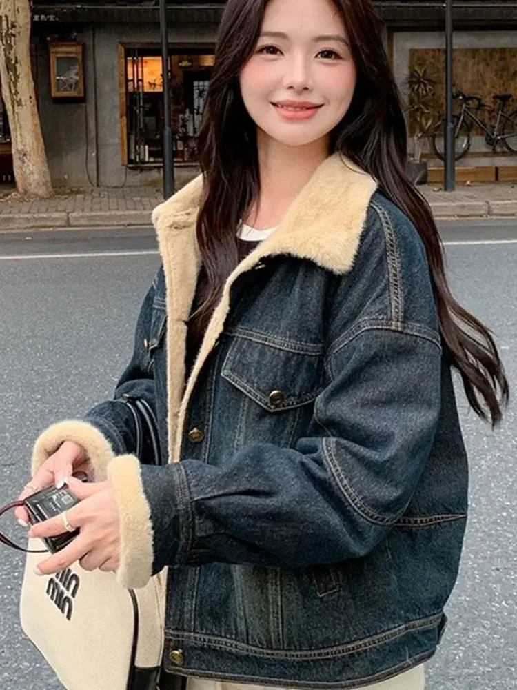 Winter Warm Fur Jeans Jacket Women Bomber Jacket Blue Denim Jacket Female Coat With Full Warm Lining Front Button Flat Pockets