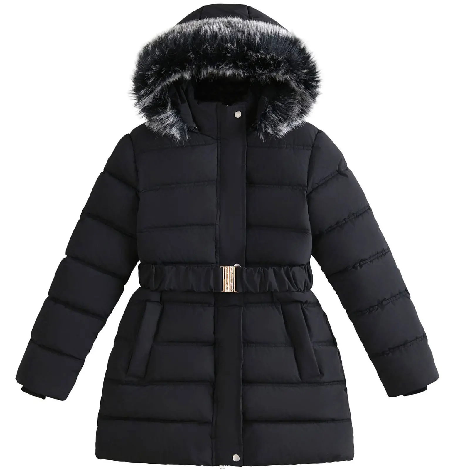 Girls Quilted Coat with Belt,Warm Cotton-Padded Kids Puffer Jacket,Windproof Fur Hood Children's Down Jacket,Teens Winter Parka