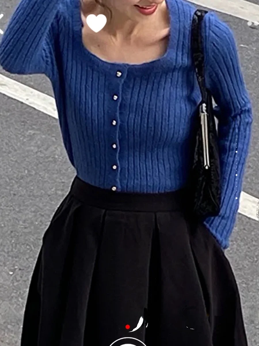 

Klein Pearl Blue Knitted ort Thiened Base Layer Cardigan Sweater Jaet with Button for Women V-Ne Long Sve 2023 Autumn