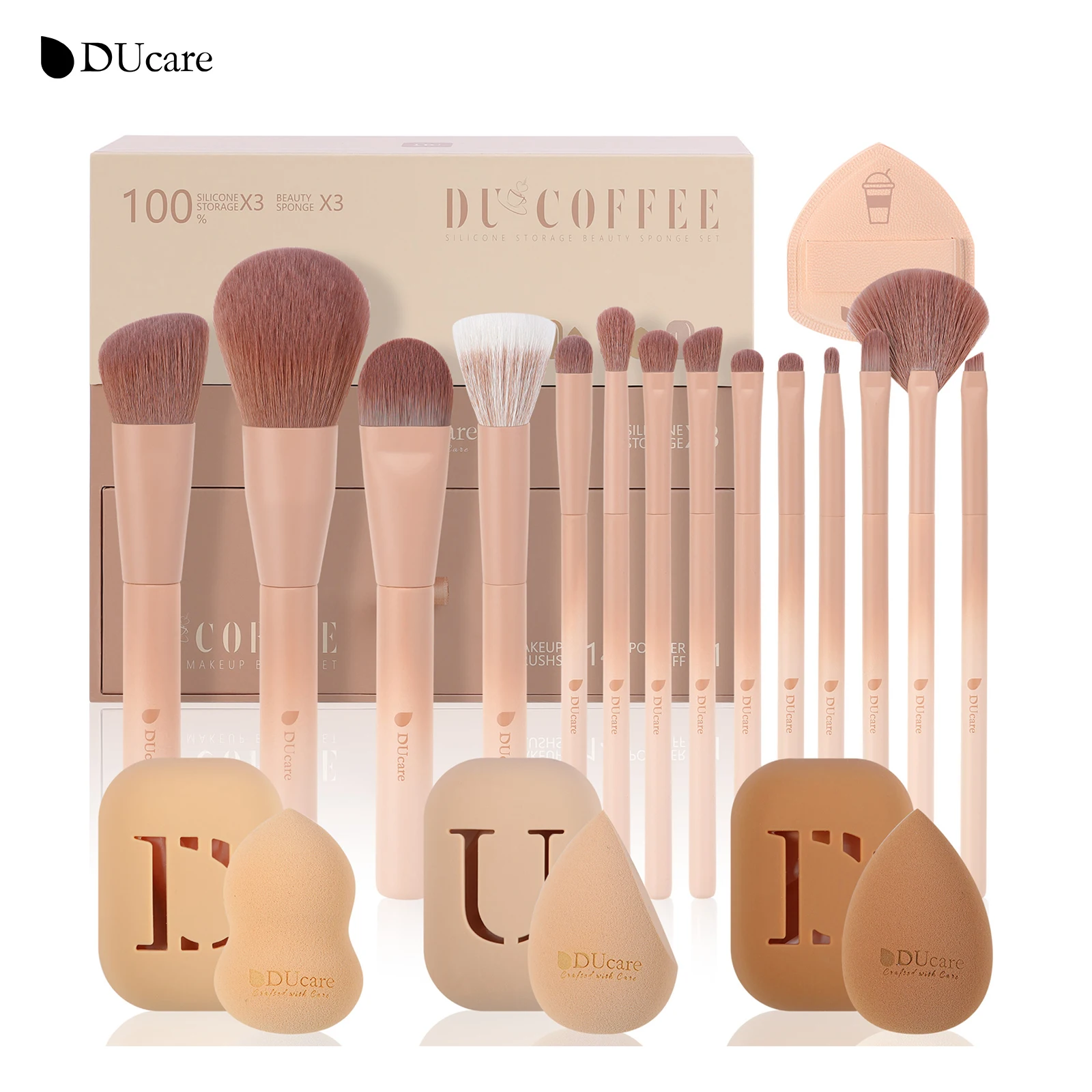 

DUcare 14PCS Makeup Brush Set Professional Luxury Cosmetic COFFEE Foundation Blush Eyeshadow Brushes With 3pcs Makeup Sponge