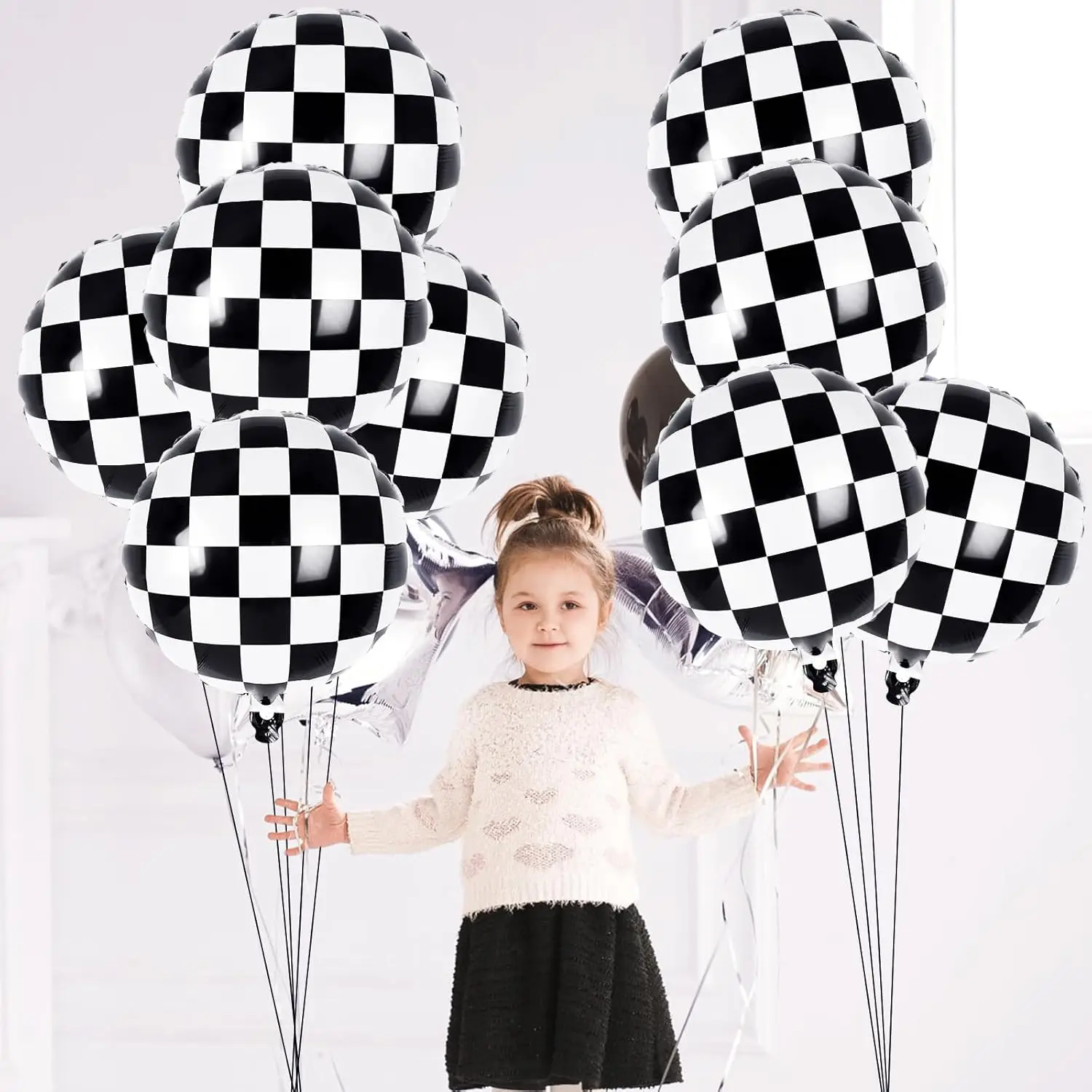 12 Pcs 18 Inch Black and White Checkered Racing Foil Balloons, Balloons for Race Car Birthday Party Supplies Decorations - view 6