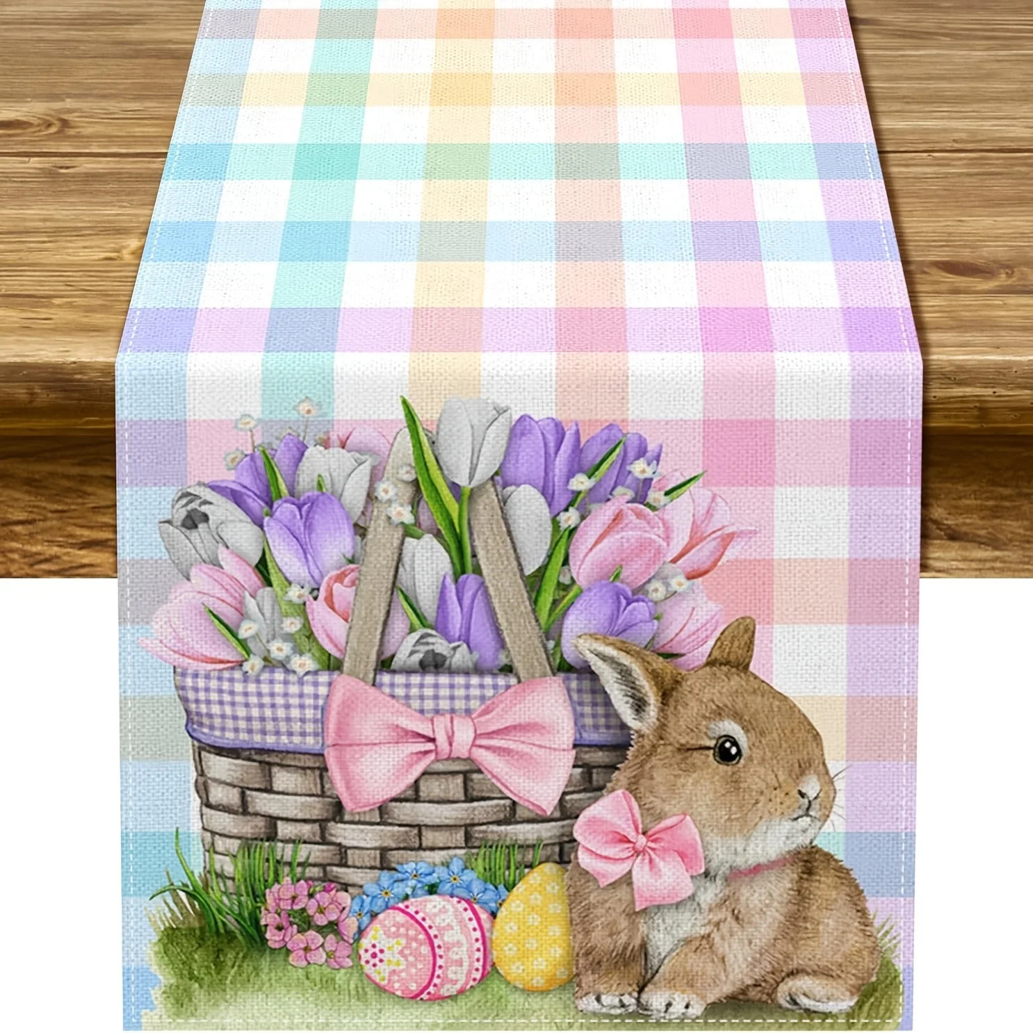 Easter Bunny & Buffalo Plaid Table Runner - Spring Theme Party Decor For Dining Room Kitchen Es