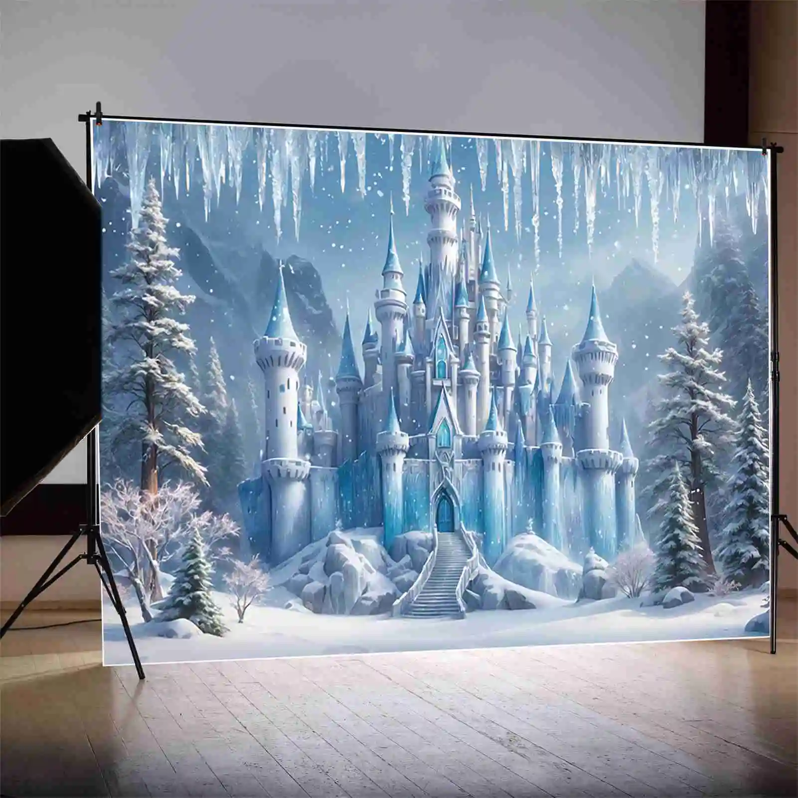 MOON.QG Frozen Birthday Photozone Background Girls Princess Castle Decoration Photocall Backdrop Photography Photo shoot Props