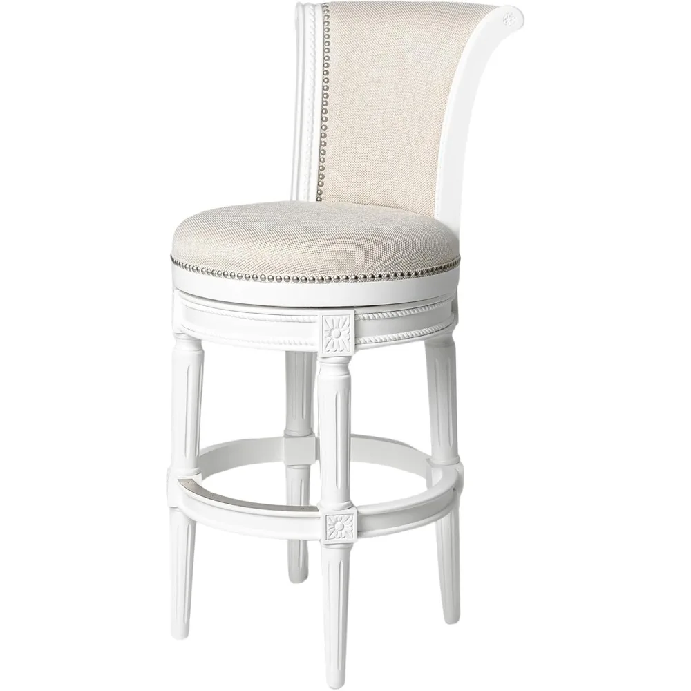

31 inch high bar cushioned footstool with white back finish and cream colored fabric cushion