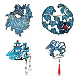 Wuli&baby Beautiful Blue Design Pavilions Flower Fish Brooches Pins Gifts