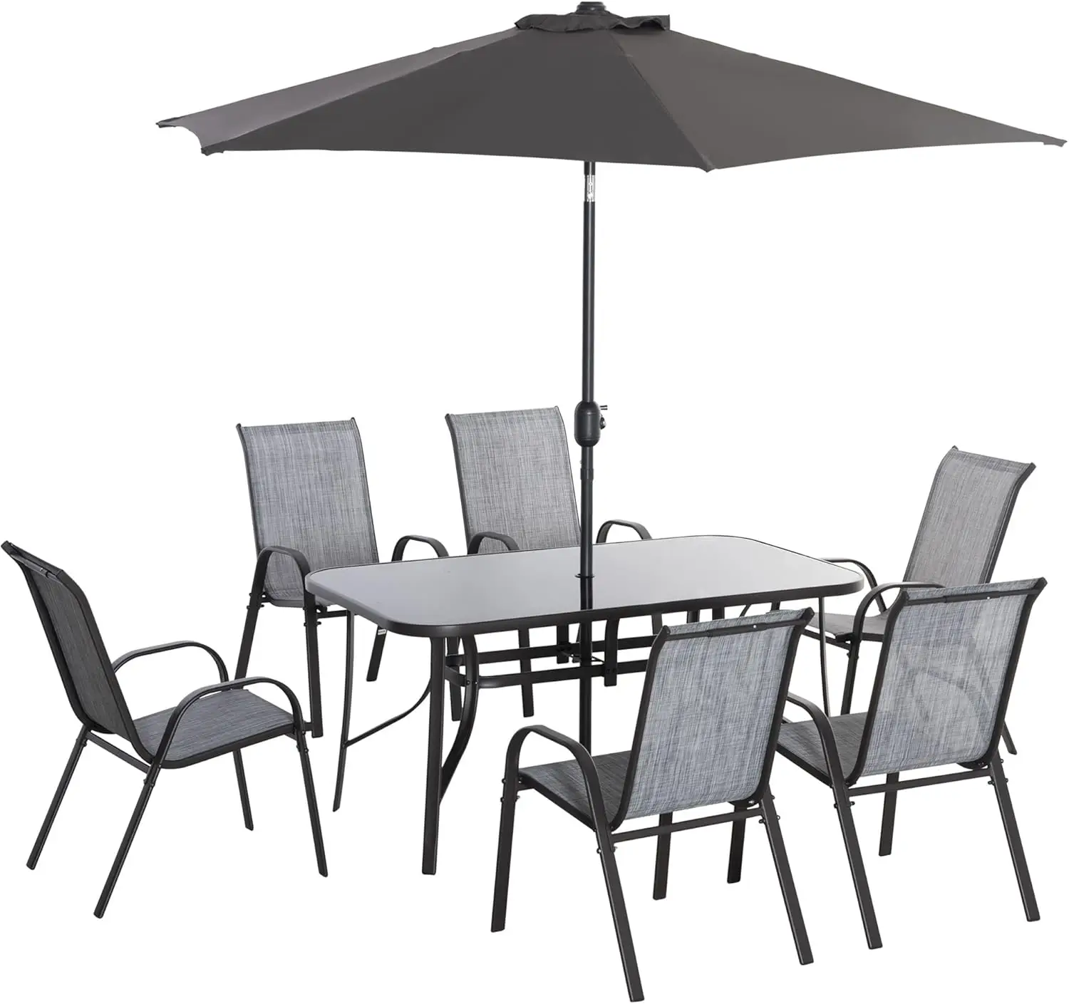 8 Pieces Patio Furniture Set with Patio Umbrella, Dining Table and Chairs, Push Button Tilt and Crank Parasol,Tempered Glass Top