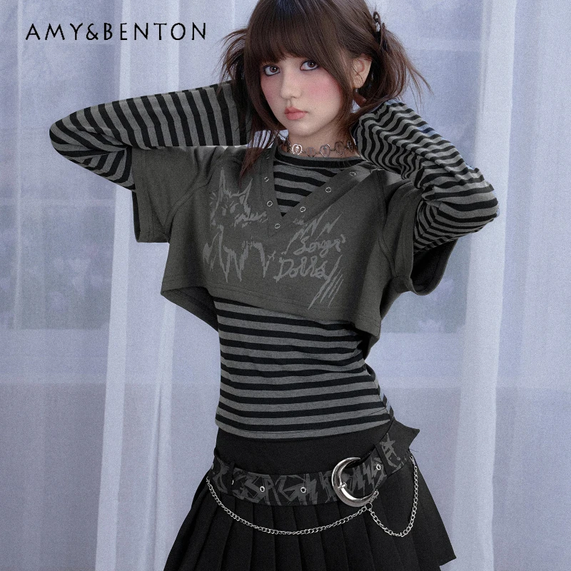 

Осенний новый универсальный темно-серый полосатый женский топ с капюшоном в ретро-дизайне, утягивающие футболки с длинными рукавами и v-образным вырезом, женский комплект из 2 предметов