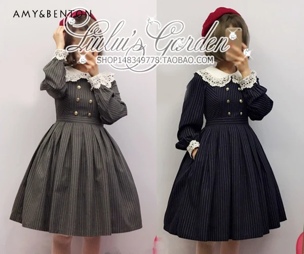 

British Style Temperament Retro Striped Thin Woolen Coat Dress Women Lolita Lace Doll Collar Long Sleeve Slim Knee Length Dress