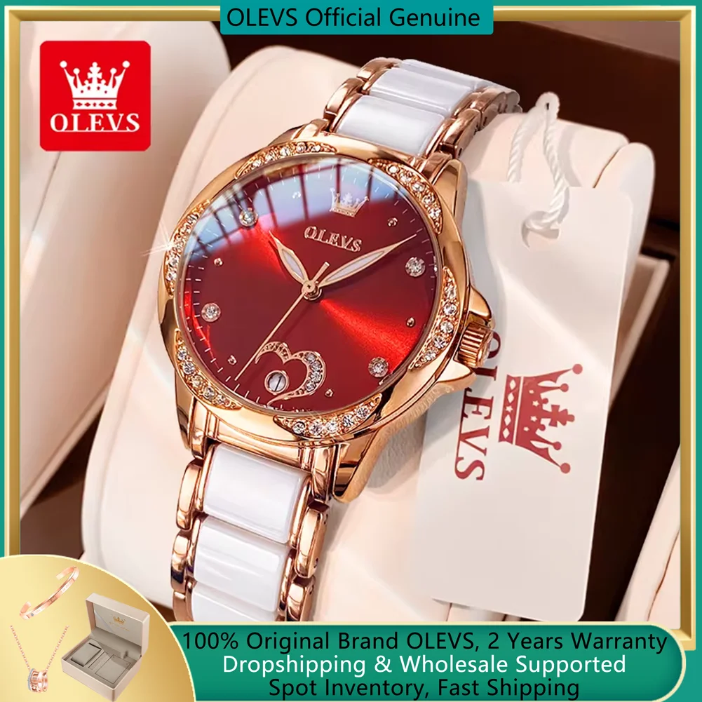 OLEVS Original Top Automatic Watch for Women Elegant Ceramic Watchband Diamond Heart Design Waterproof Mechanical Wrist Watches