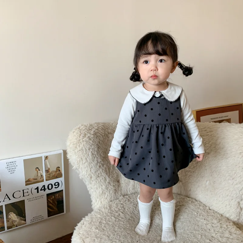 Girls Suit 2024 Autumn New Childrens Wear Korean Baby Girl Lapel Long Sleeved Bottom Shirt Polka Dot Sundress Two Piece Set