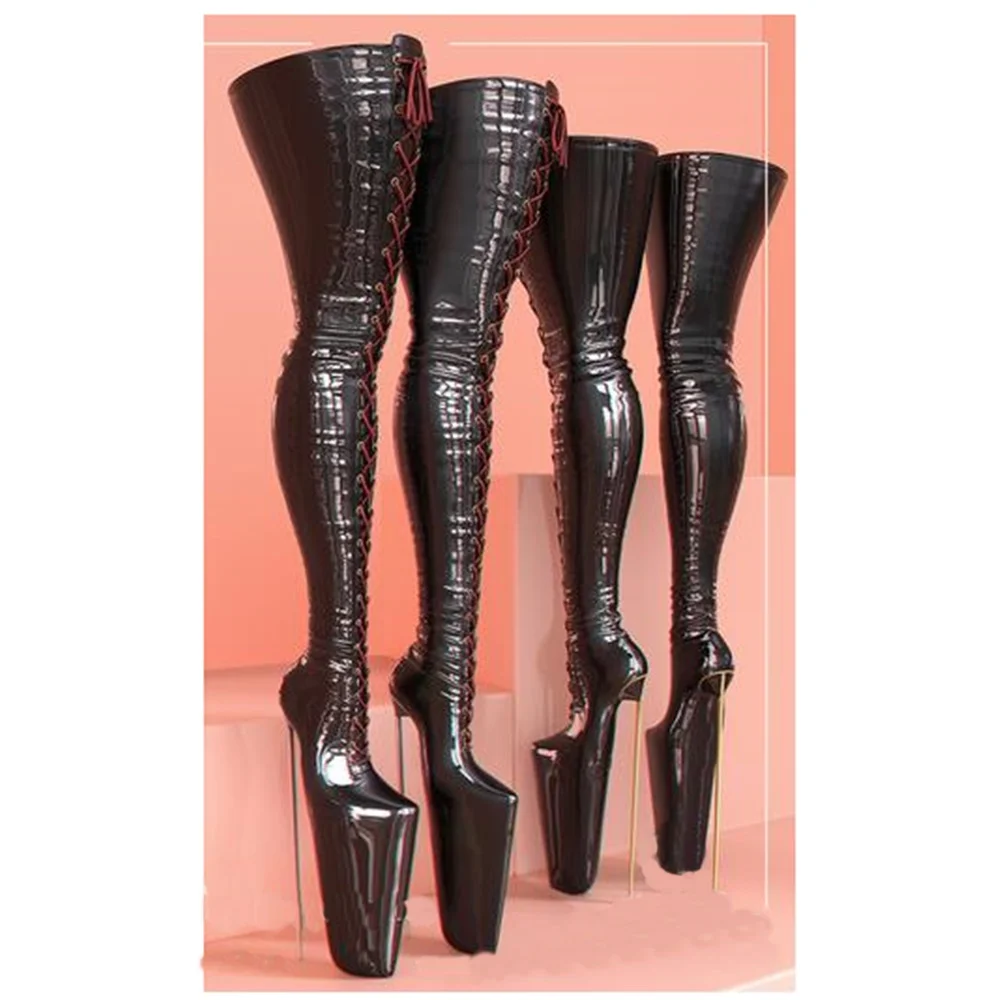 

Black Cross Tied Platform Over the Knee Boots Elastic Metal Stiletto High Heel Patent Sexy Women Shoes 2024 Zapatos Para Mujere