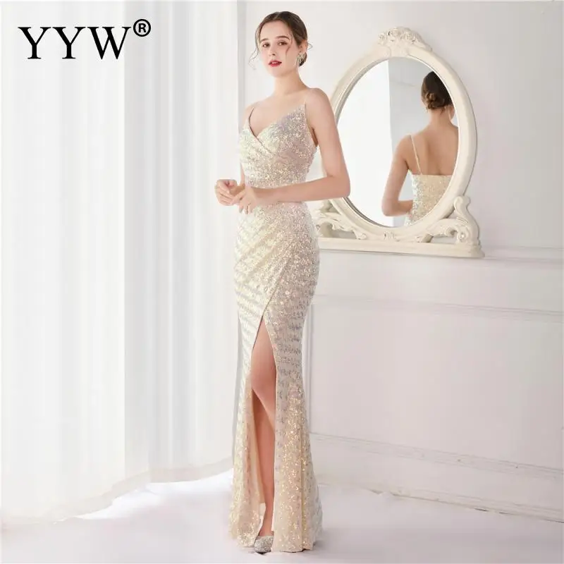 Elegant Sequin Bling Glitter Long Prom Dress 2022 Sleeveless Slit Mermaid Sexy Women'S Dresses For Ceremonies Sexy Abendkleider