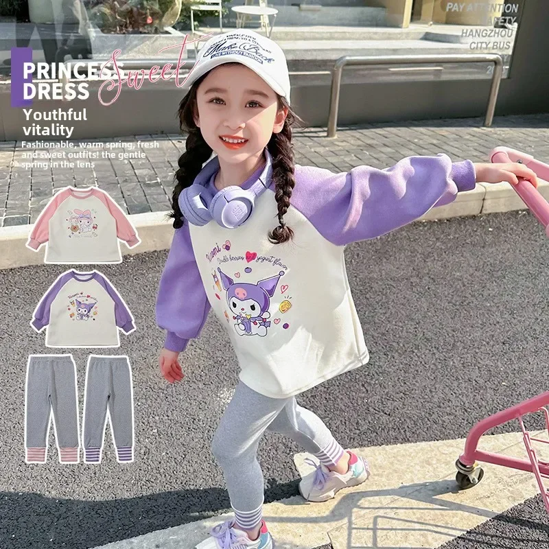 

Anime Sanrio Cartoon Kuromi Print Clothing Sets for Children Girls Sweatshirt + Long Pants 2piece Cute Autumn Kids Birthday Gift