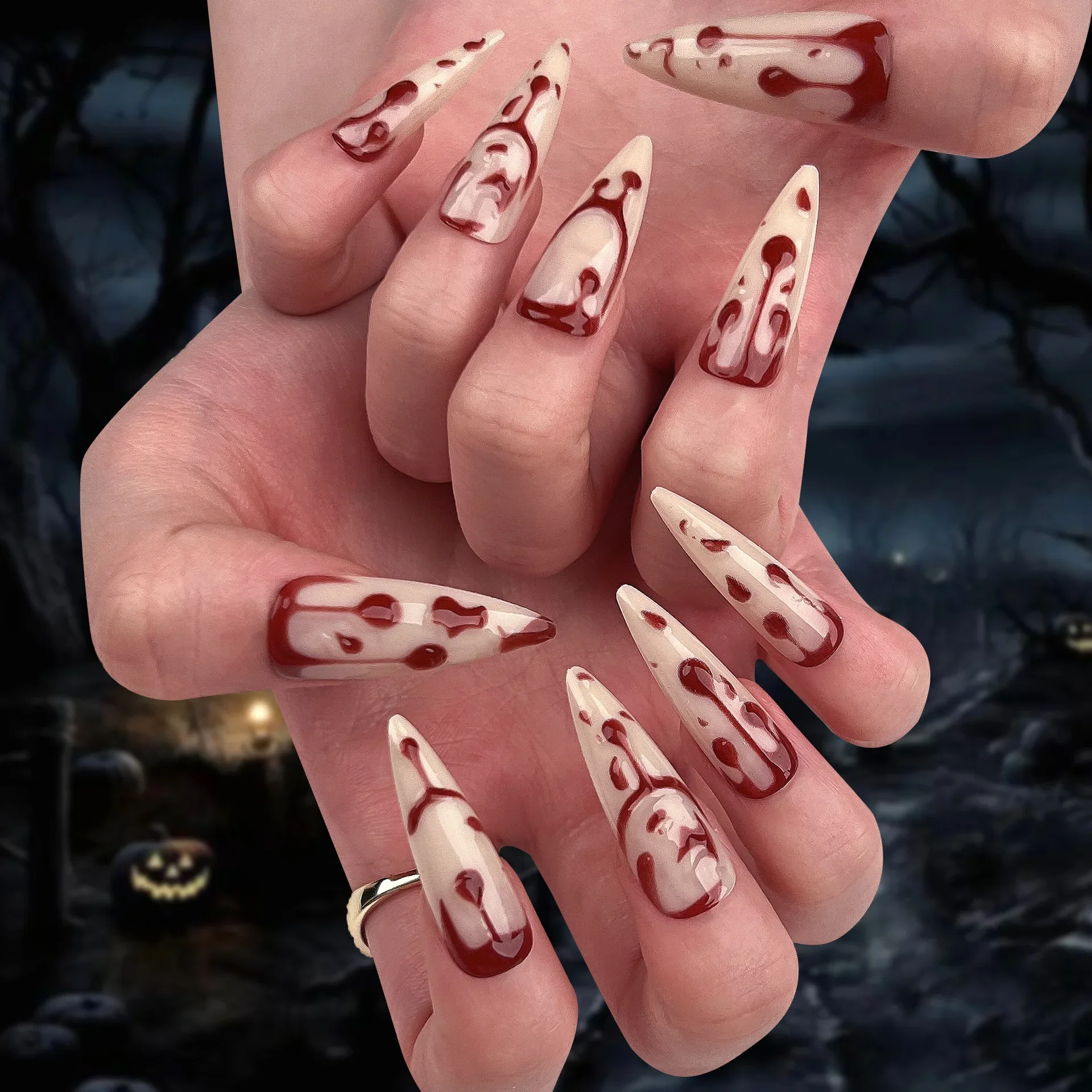 Terror Bloody Knot Gothic Red Halo Dyeing Pointed False Nails Halloween Detachable Finished Fake Nails Press on Nail with Glue