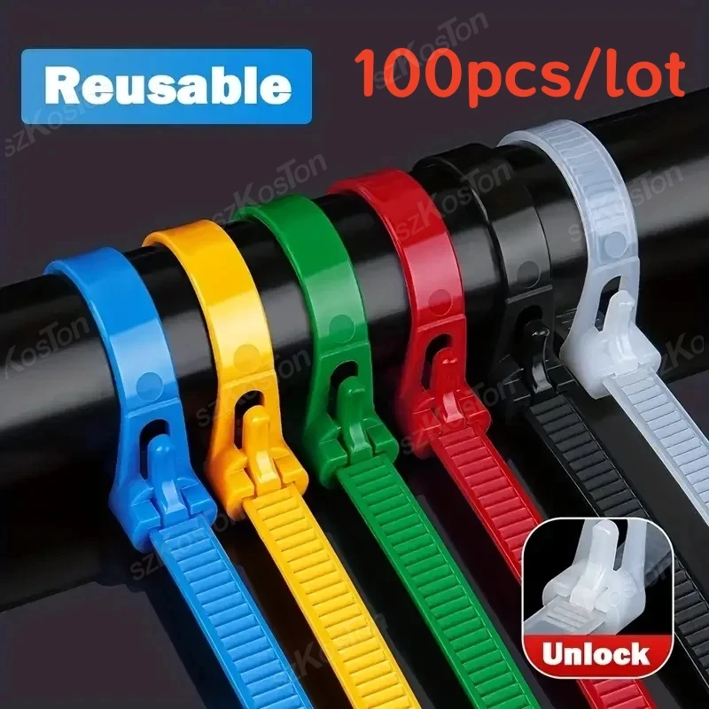 100 PCS Reusable Plastic Nylon Cable Ties Detachable Zipper Cable Ties Binding Straps Colored Mixed Ties for Home Office Garden