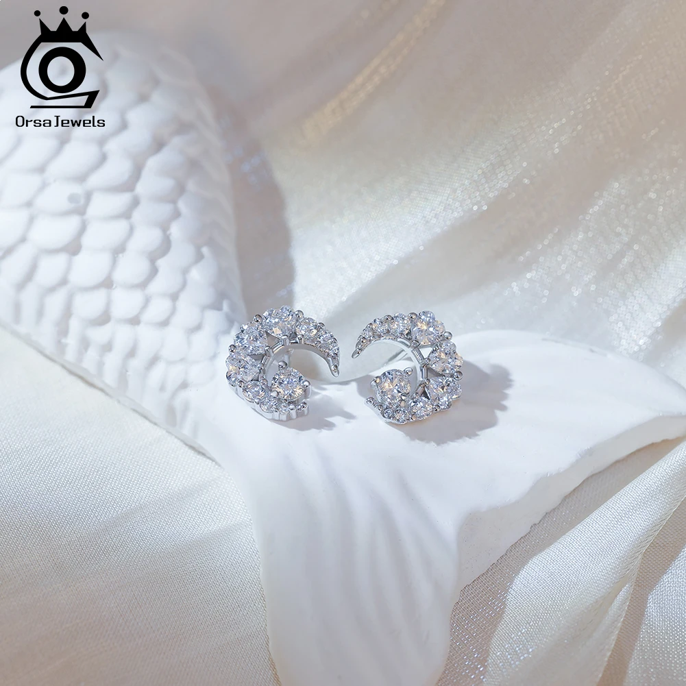 ORSA JEWELS 100% 925 เงินสเตอร์ลิงมูน ชินี่ เทรนดี้ต่างหูชุดหมั้นวันครบรอบเครื่องประดับที่สวยงามของขวัญ SE416