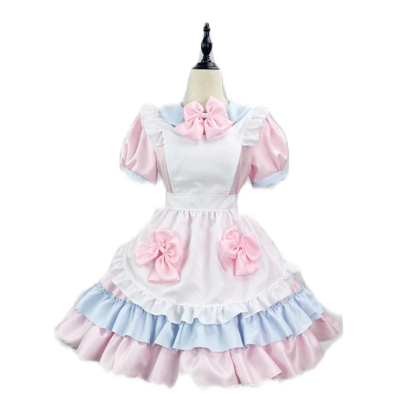 Pink Dopamine Style Lolita Outfit Japanese Anime Maid Cosplay Costume Doll Neck Bubble Sleeve Mini Dress and Sweet Bow Apron Set