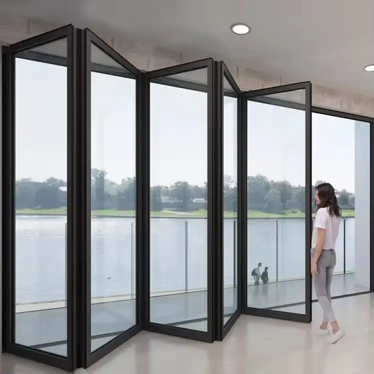 Porte pliante en accordéon avec cadre en aluminium noir, extérieur, empilement en verre, porte pliante, vente en gros, garantie 10 ans