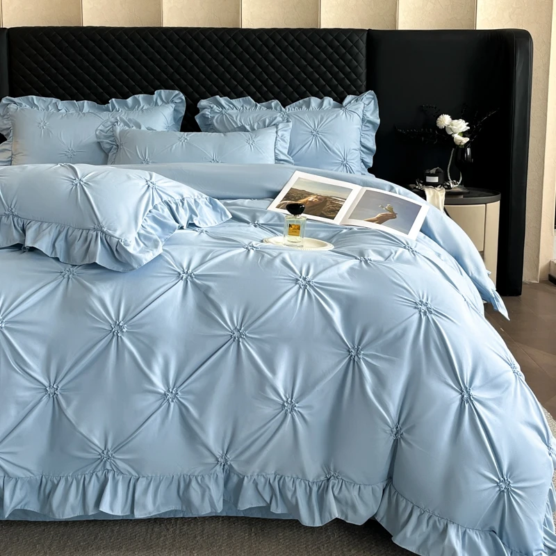 Solid color princess wind-washed cotton skin-friendly cotton twist lace craftsmanship beautiful series four-piece set