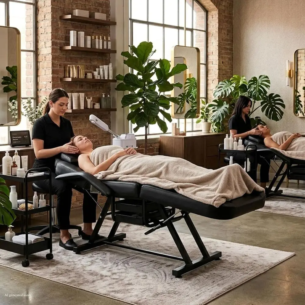 Adjustable 3-Section Black Facial Esthetician Bed with Hydraulic Stool for Spa, Beauty Treatments, and Massage