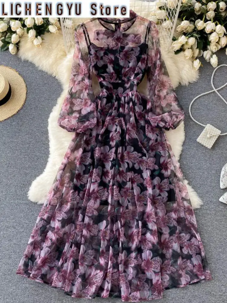 

Sweet Style Women's Dress Contrast Color Print Chiffon Bandage Long-sleeve High Waist Dresses Winter Spring