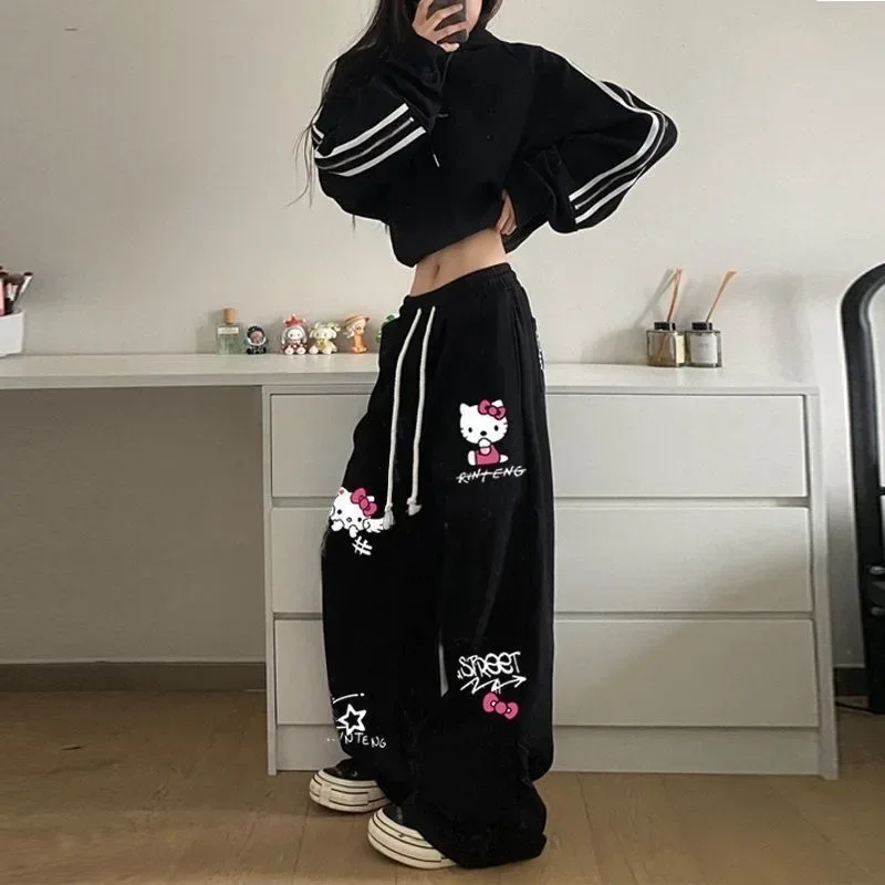 Nero americano retrò Hello Kitty stampato Graffiti pantaloni sportivi casual pantaloni sportivi Hip Hop a gamba larga streetwear donna estate novità