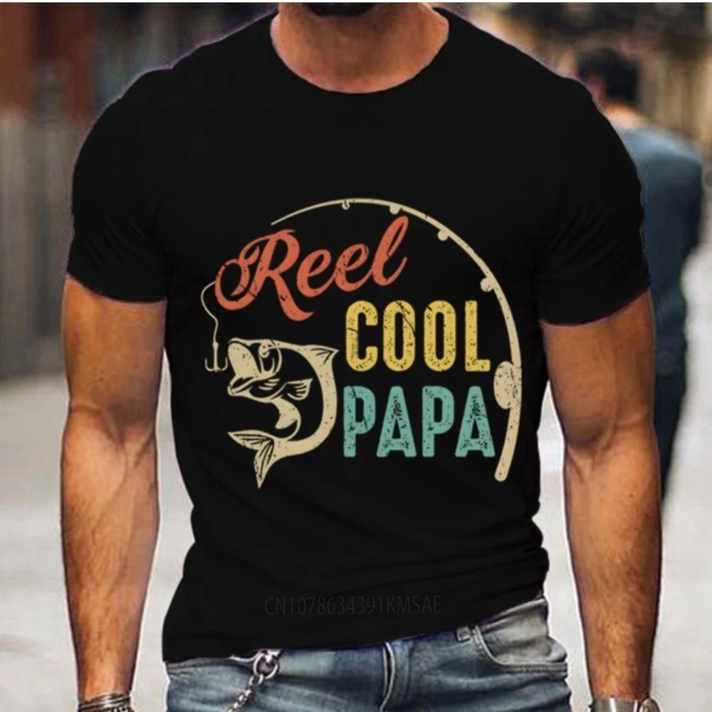 T Shirt for Men Reel Cool Papa Tshirt Summer Men Fishing Rod and Fish Pattern Round Neck Shirt Fashion Short Sleeve T-shirts