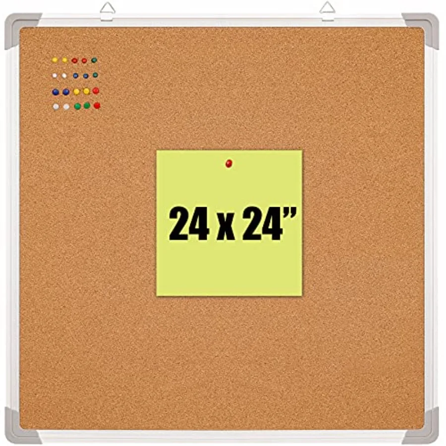 

Cork Board Set - Bulletin Corkboard 24 x 24 inch Framed with 10 Thumb Tacks - Wall Hanging Message Memo Pin Tackboard Organizer