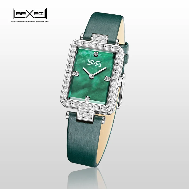 Bexei 6112-女性のためのレトロな正方形のクォーツ時計,エレガントでちりばめられたジュエリー,人工サファイア,シェルダイヤル,シルク