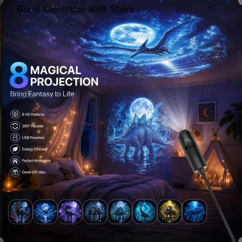 【G】Creative Dinosaur-Themed USB Projection Light 360° Rotatable Night Light For Bedroom Ceiling Ambiance Decoration