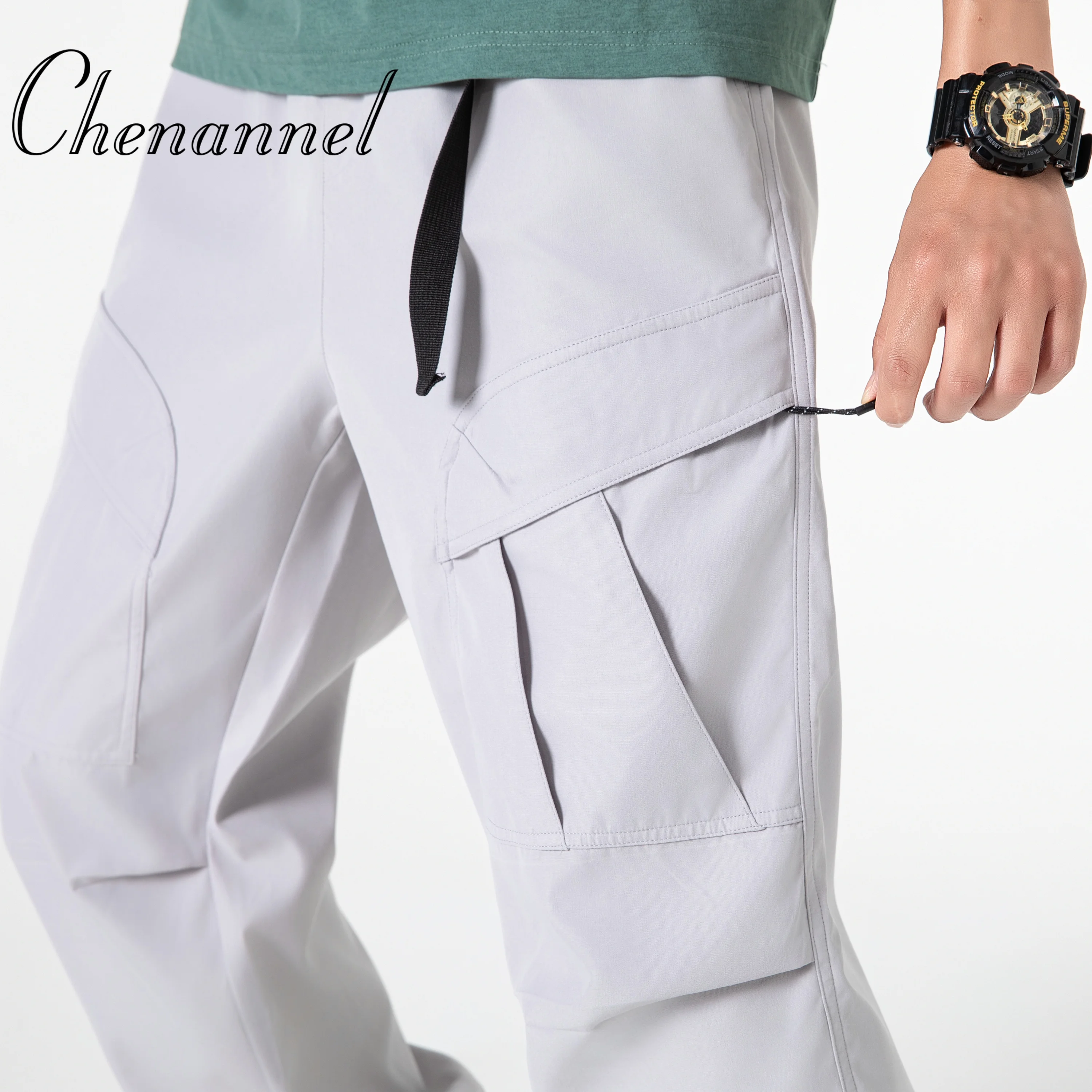 

Streetwear Cargo Pants Waterproof Windproof Fabric with Drawstring Elastic Waist Fall Loose Fit