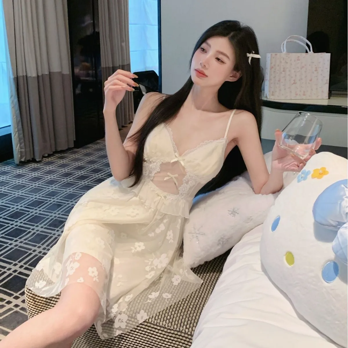 Pure Desire Butterfly French Strap Printed Ice Silk Pajama Deep V Temptation with Chest Mat Sexy Sleeping Skirt Outer Robe Set