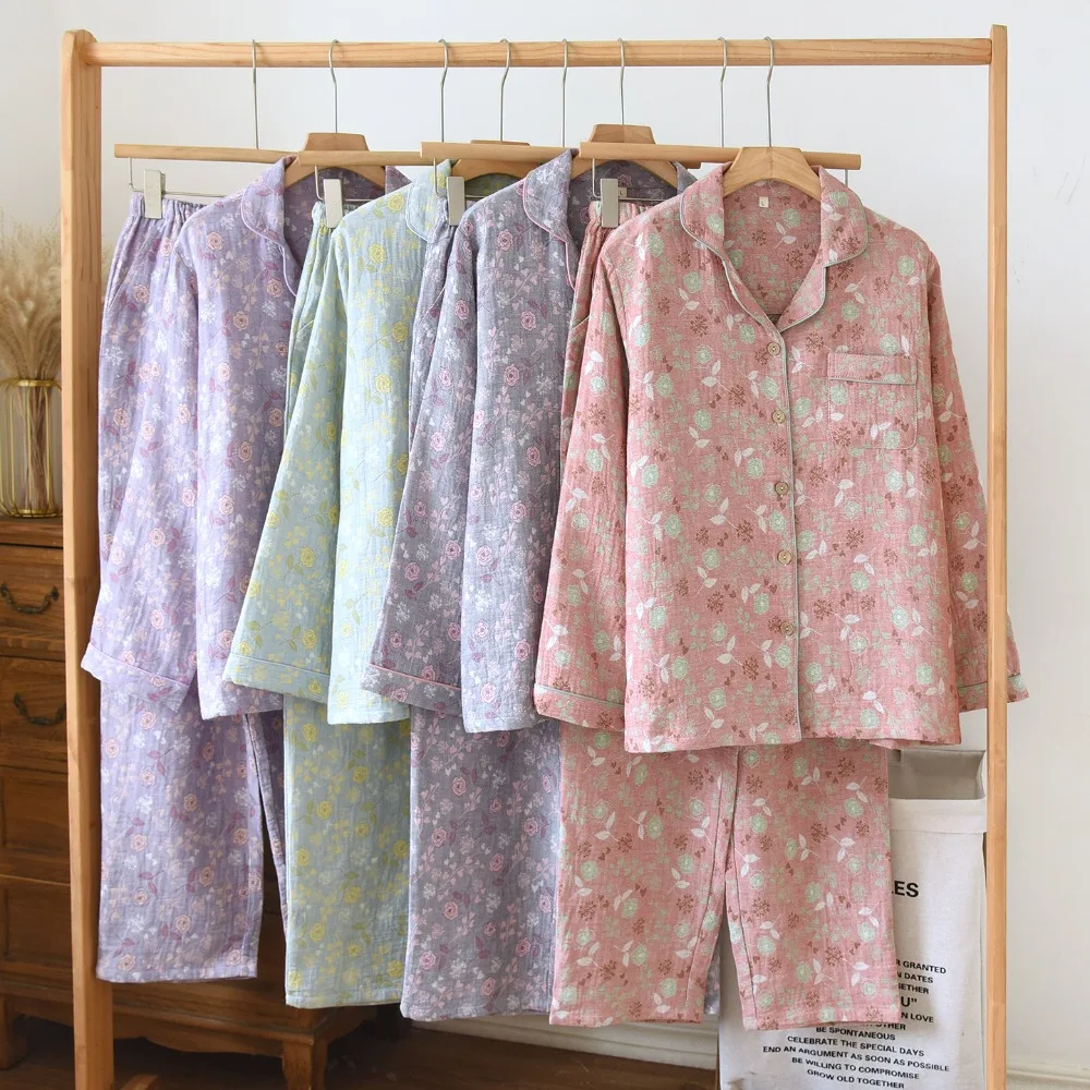 Lapel Two Piece Long-Sleeve Loungewear Suit Spring Autumn Women's Pajama Set 100% Cotton Sleepwear Nightwear Nighty Pijamas