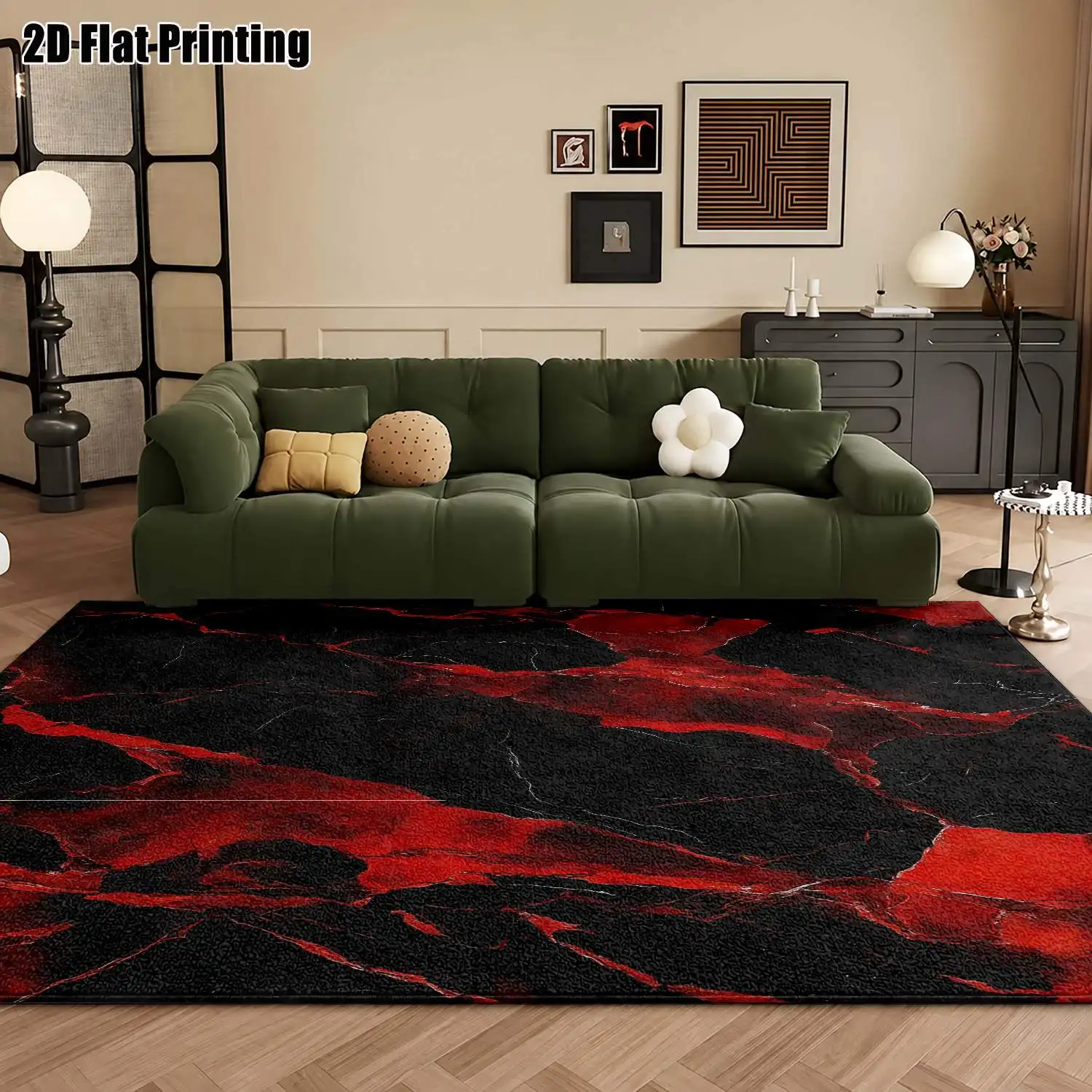 1Pc 2D Printed Carpet: Red & Black Abstract Art, Nordic/Instagram Style, Modern Minimalist, Vintage European Floor Mat, Multi-Size, Machine Washable, for Entrance, Dining, Foyer, Bedroom, Living Room Home Decor